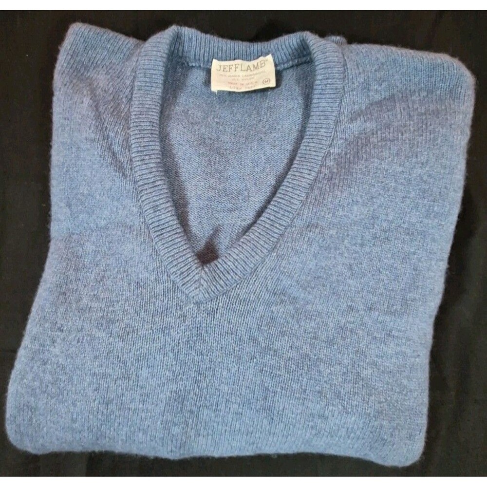 Vtg 70s Lord Jeff Jeff Lamb Lambswool Sweater Mens Size M V Neck Blue Made In US